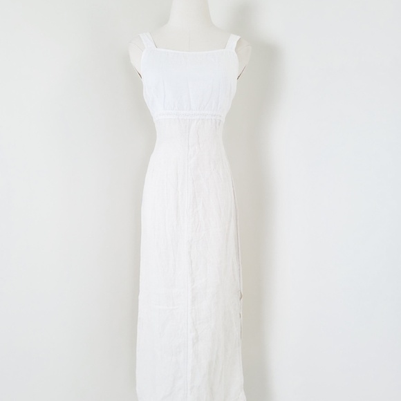 Linen Midi Dress Sleeveless Straps Square Neckline Slit Fitted Tight Bodycon - Picture 7 of 15